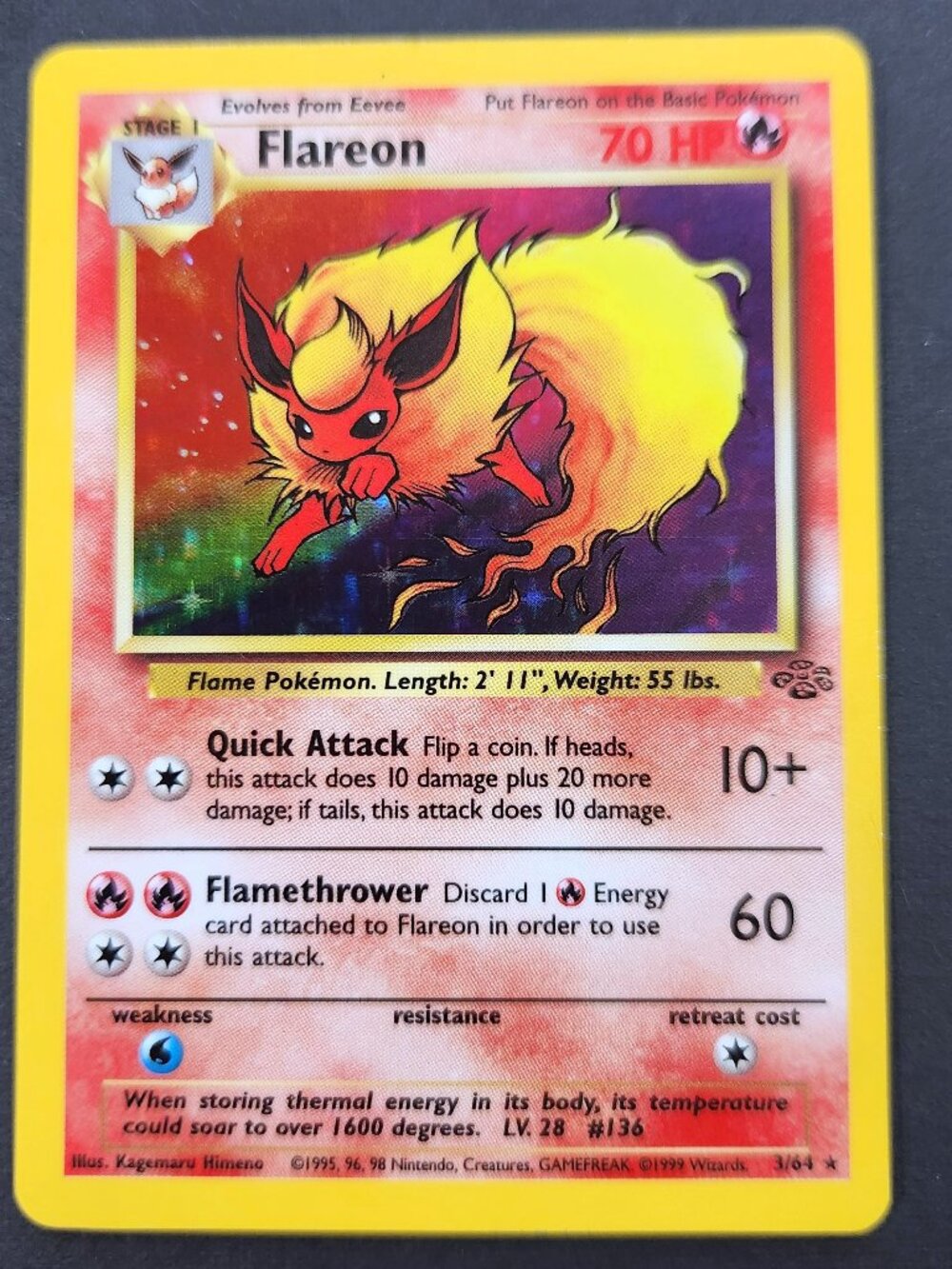 Flareon 3/64 Jungle Set Holo Rare Pokemon Card 1999 WOTC Vintage Lightly Played